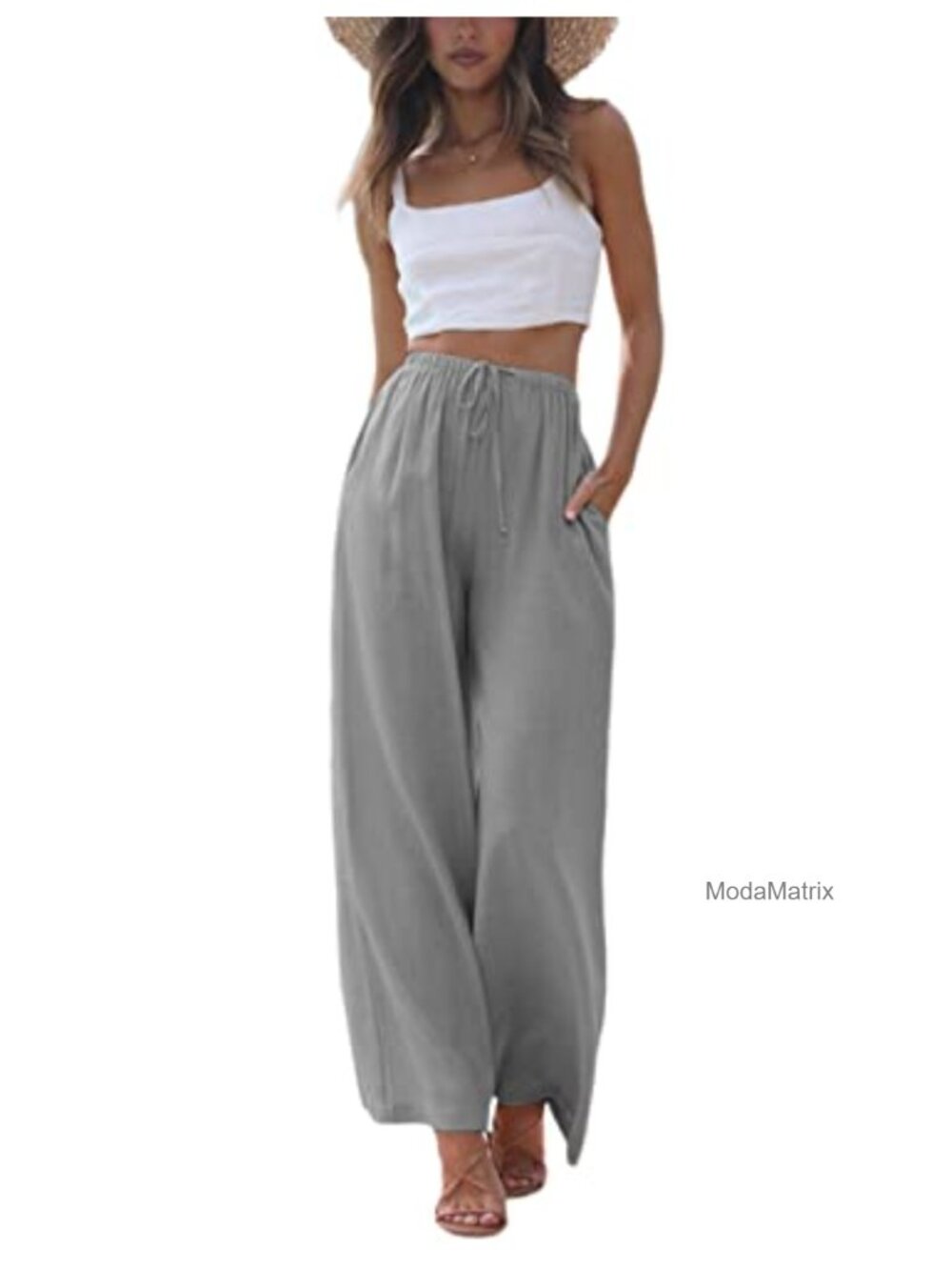 Women's Cotton Linen Wide Leg Palazzo Pants with Pockets Flowy Summer Trousers
